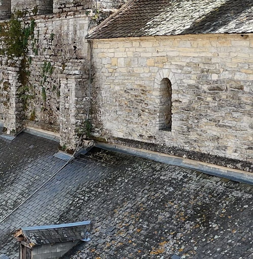 Façade en pierre ancienne couverte de mousse, vue par drone